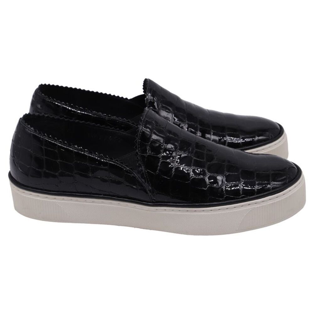 Stuart Weitzman Croc Embossed Nuggets Slip On Sneakers in Black Leather